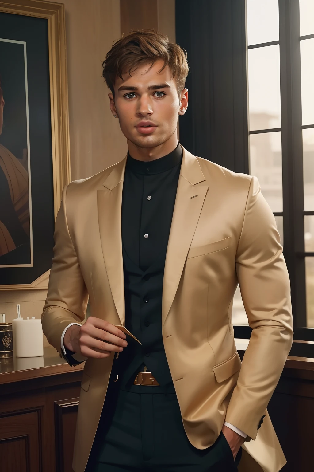 Year: 2023. Location: Texas. Pre-raphaelite scene with a 27-year-old Theo James, bachelor party, (joy), ((((2023 clothes)))) ((2023 hairstyle)), (((cinematic style)))