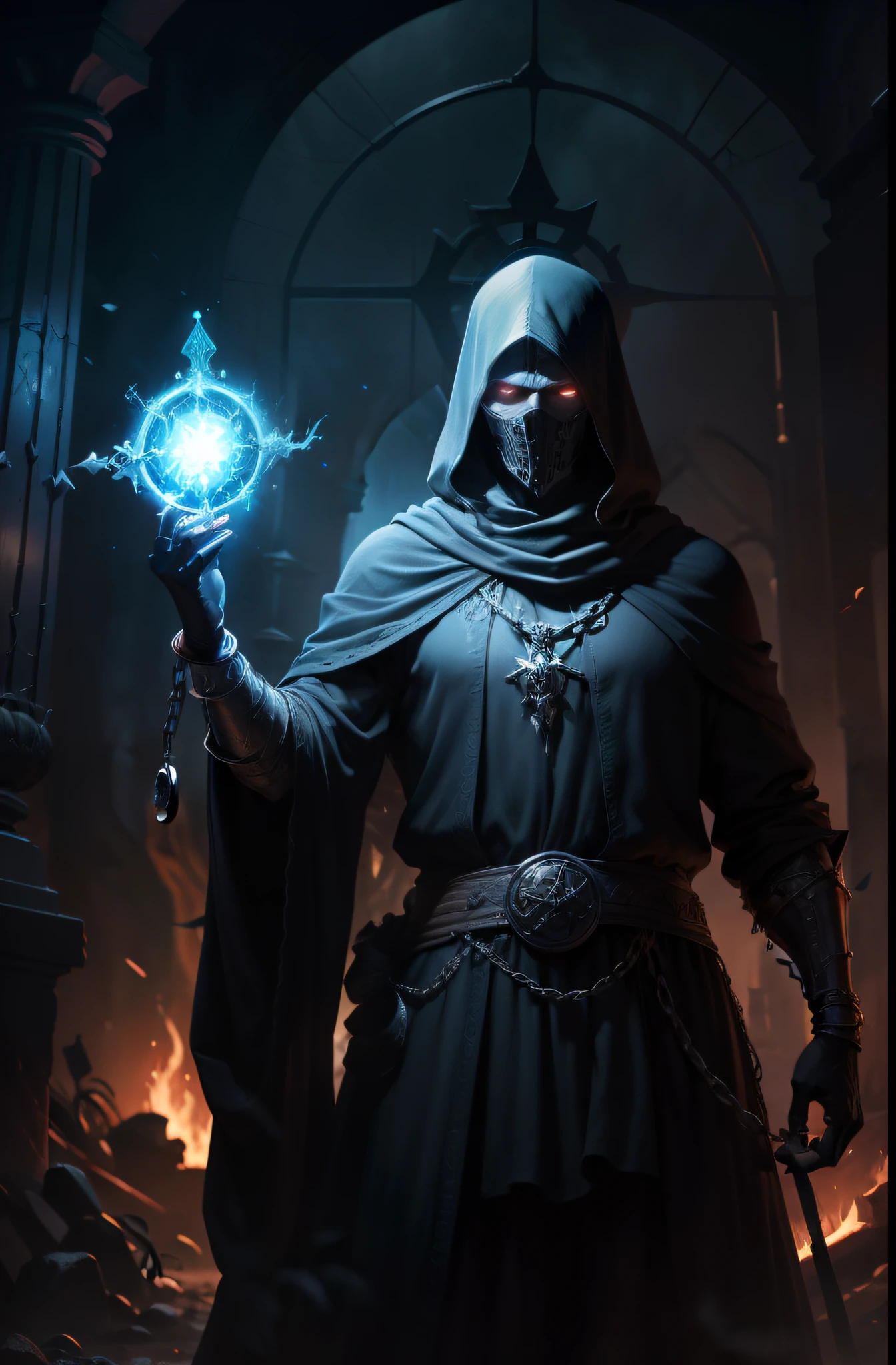 Dramatic scene of a person standing holding a chain in a centered dark room, necromante de capa escura, an arcane wizard casting a spell, feiticeiro malvado, feiticeiro masculino malvado, Lich Vecna (d&d), mago das trevas, Cultist, Mascara de ferro, Arte do Jogo de Cartas de Fantasia, ocultista, Mago vivo morto, Wraith com capuz escuro, postura impositiva, dramatic background, obscuro