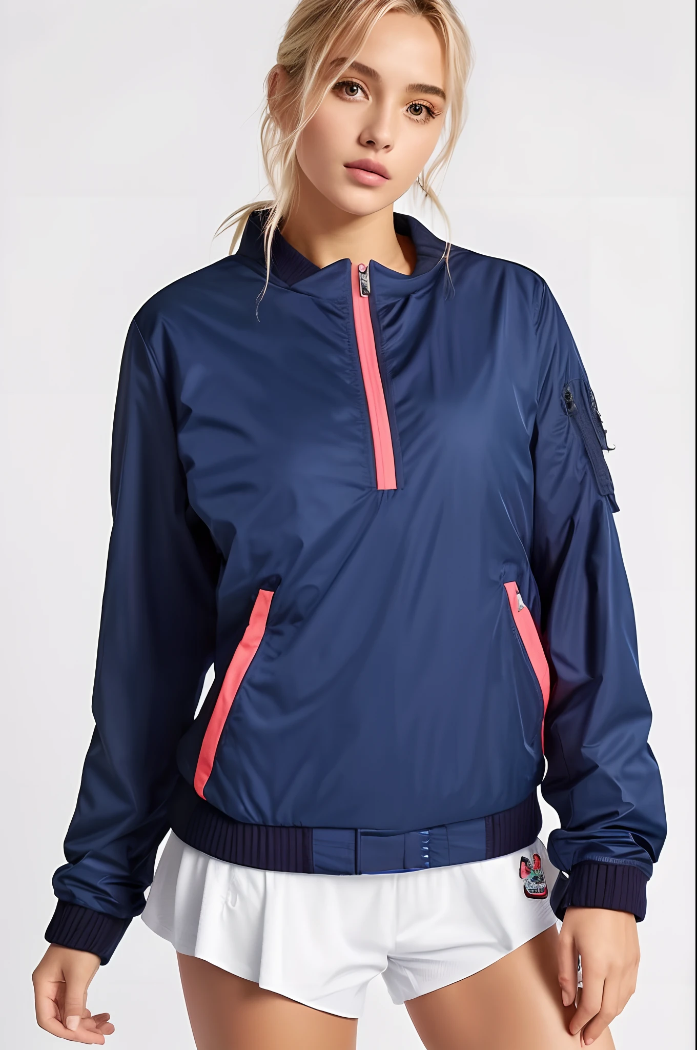 uma mulher vestindo uma jaqueta azul e rosa e shorts, jaqueta esportiva, encapuzado, suit jacket, in tennis coat, roupas esportivas, roupas esportivas, marinha, Jaqueta azul, cyber future jacket, jaqueta azul harmonia, roupas esportivas FoFas, tennis wear, Capuz, azul-marinho, Capuz azul, azul escuro, usando um capuz azul neon, jaqueta bomber, F / 2 0