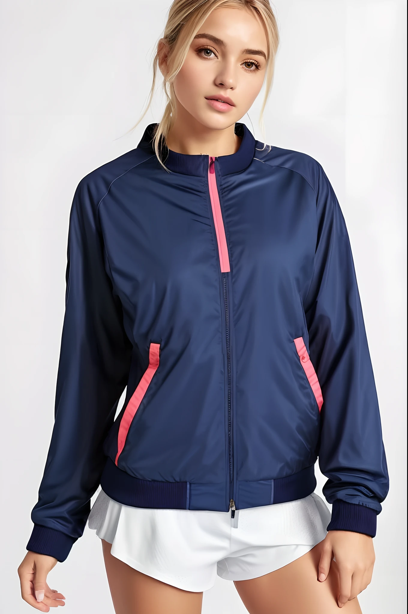 uma mulher vestindo uma jaqueta azul e rosa e shorts, jaqueta esportiva, encapuzado, suit jacket, in tennis coat, roupas esportivas, roupas esportivas, marinha, Jaqueta azul, cyber future jacket, jaqueta azul harmonia, roupas esportivas FoFas, tennis wear, Capuz, azul-marinho, Capuz azul, azul escuro, usando um capuz azul neon, jaqueta bomber, F / 2 0