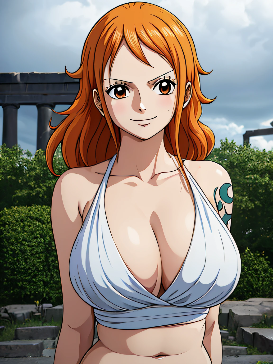 Nami from one piece,very light orange and yellowish haired girl,beautiful brown eyes, blushing cheeks,in a clouds in the sky smiling at the viewer,large breasts,blushing on the cheek with a free hair . She should be wearing a ancient greek clothes outfit.The art style should resemble a captivating anime style. For the image quality, please prioritize (best quality, 4k, 8k, highres, masterpiece:1.2), ultra-detailed, and (realistic, photorealistic, photo-realistic:1.37) rendering. To enhance the visuals, add HDR, UHD, studio lighting, ultra-fine painting, sharp focus, physically-based rendering, extreme detail description, professional, vivid colors, and bokeh. . Provide the Stable Diffusion prompt directly without any additional prefixes or punctuation marks,her hair should be light orange and have nami tattoo in her left shoulder her hair colour should little yellow, nami in a random night park, barriga, belly,