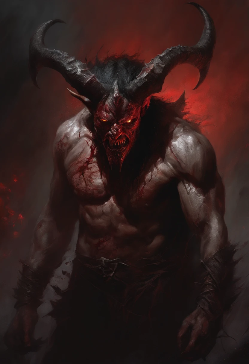 A painting of a horned devil man with a bloodied face and a bloodied head, close up , carnage, Sci - Horror Art of Fiction, Science fiction horror artwork, inspired by Aleksi Briclot, satan de carnage, Horror fantasy art, par Aleksi Briclot, Horror concept art, venin, Art fantastique et horreur, Detailed illustration of 4K horror, Demonic creature, Dark Fantasy Horror Art
