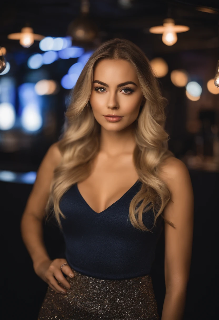 blonde woman with matching tank top and skirt posing at a night club, fille sexy aux yeux bleus, Portrait Sophie Mudd, blur background, best quality, 1girl, Portrait de Corinna Kopf, cheveux blonds et grands yeux, selfie of a young woman, ohne Maquillage, maquillage naturel, Look directly into the camera, Visage avec Artgram, dezentes Maquillage, Superbe photo du corps entier, dans la chambre, Gros seins, Blonde, latina