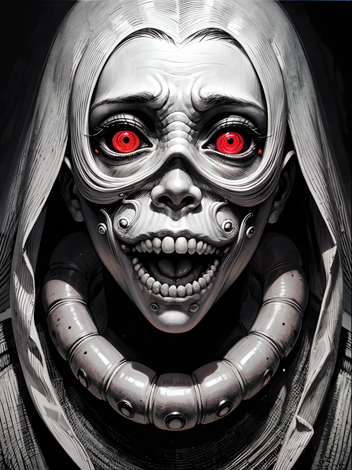 [(Junji Ito:1.5), detailed manga line art illustration of creepy girl, dark, black and white, scared, horrified, terrified, insane, creepy, unsettling, disturbing, (horror manga style), twisted, warped, psychological horror, grotesque, morbid, surreal]
