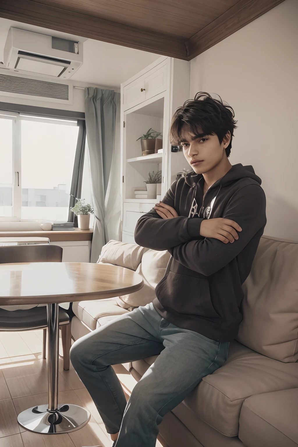 A man is sitting on the couch in the room, soft-lighting, BEAUTIFUL POSE, Photos of A-1, Young man