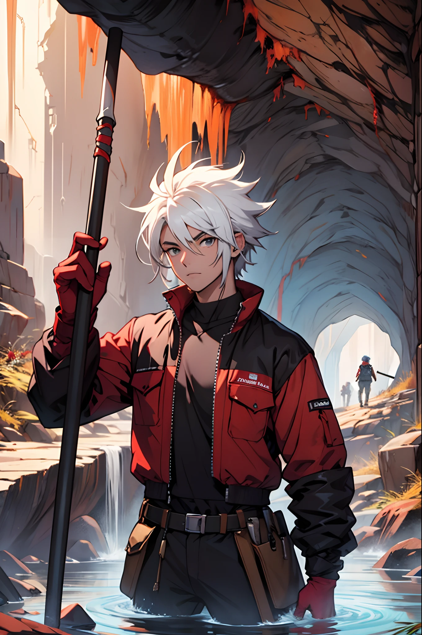 anime miner boy with white hair standing in the middle of a cave holding a pickaxe with red diamonds around him --auto --s2