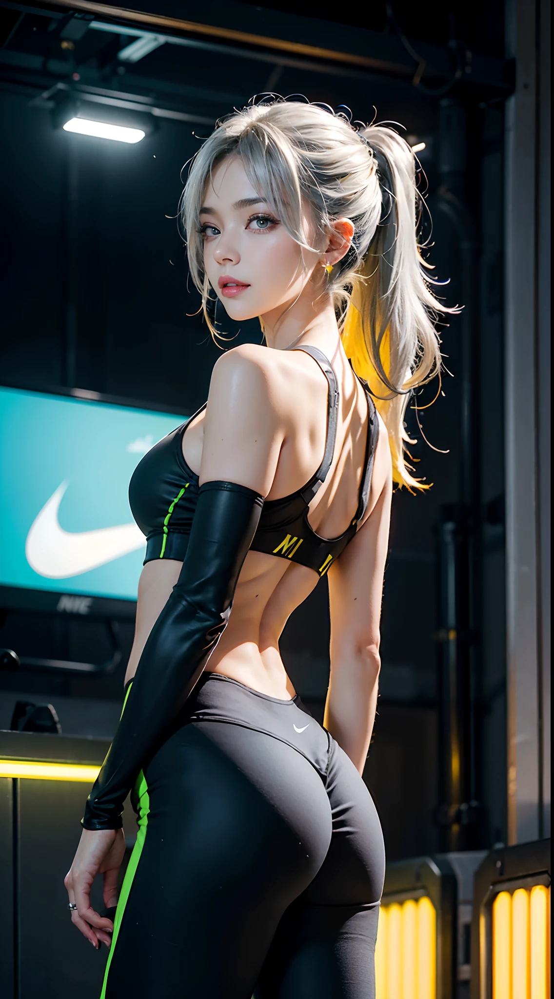 Best quality，tmasterpiece，Ultra-high resolution fills the picture，Indoor at night，Neon lights，Yellow color scheme，Rich yellow,Silver-gray hair，Yellow and white tights，Yellow and white color scheme clothing,the complex background，Weight instruments in the background，High-tech screen in the background，Lateral face，Smiling，Dress less，There are fitness elements in the rear，nike，nike,nike,Tech gym，Perfect makeup，Love eyes，8K quality，Cyberpunk，sense of science and technology，Character backlighting，rim-light，Movement changes，Flowing hairstyle，Loose hairstyle,The number of fingers is refined，6 avatar diagrams，Luminous stud earrings，Luminous digital necklace，Electronic digital watches，The most beautiful girl in mankind，Delicate close-up of the face，Realistic image quality，Super light and shadow，Very good figure，Meticulous，Arrow symbol，Brand sense，English slogan neon，Runway lights，Fitness gym at night