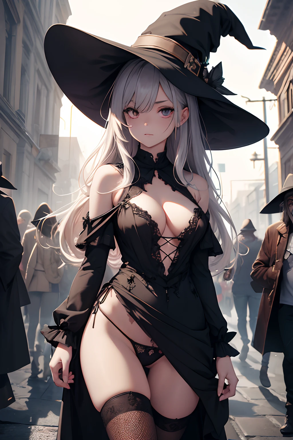 highres, shadows, absurdres, best_quality, ultra_detailed, 8k, extremely_clear, photograph, beautiful, beautiful face, sharp focus, hdr, 1girl, sangry, wide-eyed, shock, barely clothed, torn clothes, dress, multiple boys, zombie, motion blur, thong, witch, magic spell, witch hat