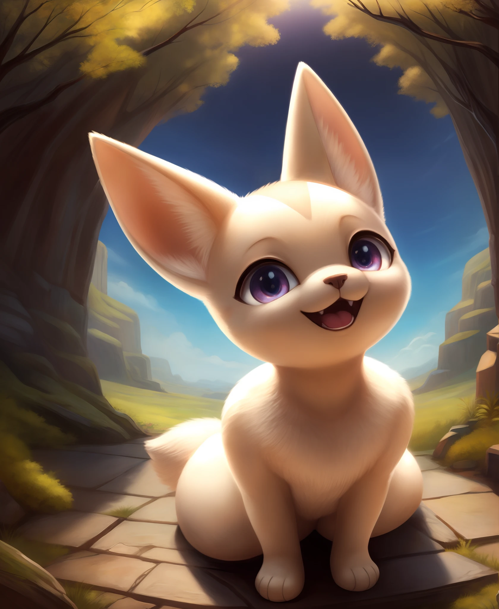fenneko furry, detailed and extremely fluffy body fur, masterpiece, looking up beautiful surroundings, detailed background, happy,