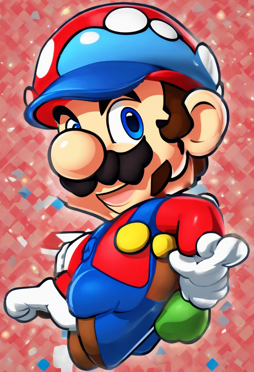 (Mario), design de personagens, Nintendo Super Mario, (olhos azuis, red hat, terno vermelho, blue suspenders, luvas brancas, )super bonito estilo caixa cega, Chibi, corpo inteiro, exaggerated expressions and actions, fundo limpo, Destaques iridescentes brilhantes, studio lighting, Atmospheric Illumination, com textura requintada, High detail, high resolution, c4d, ..3d, Liquidificador, 8k, best quality, Ultra High Definition