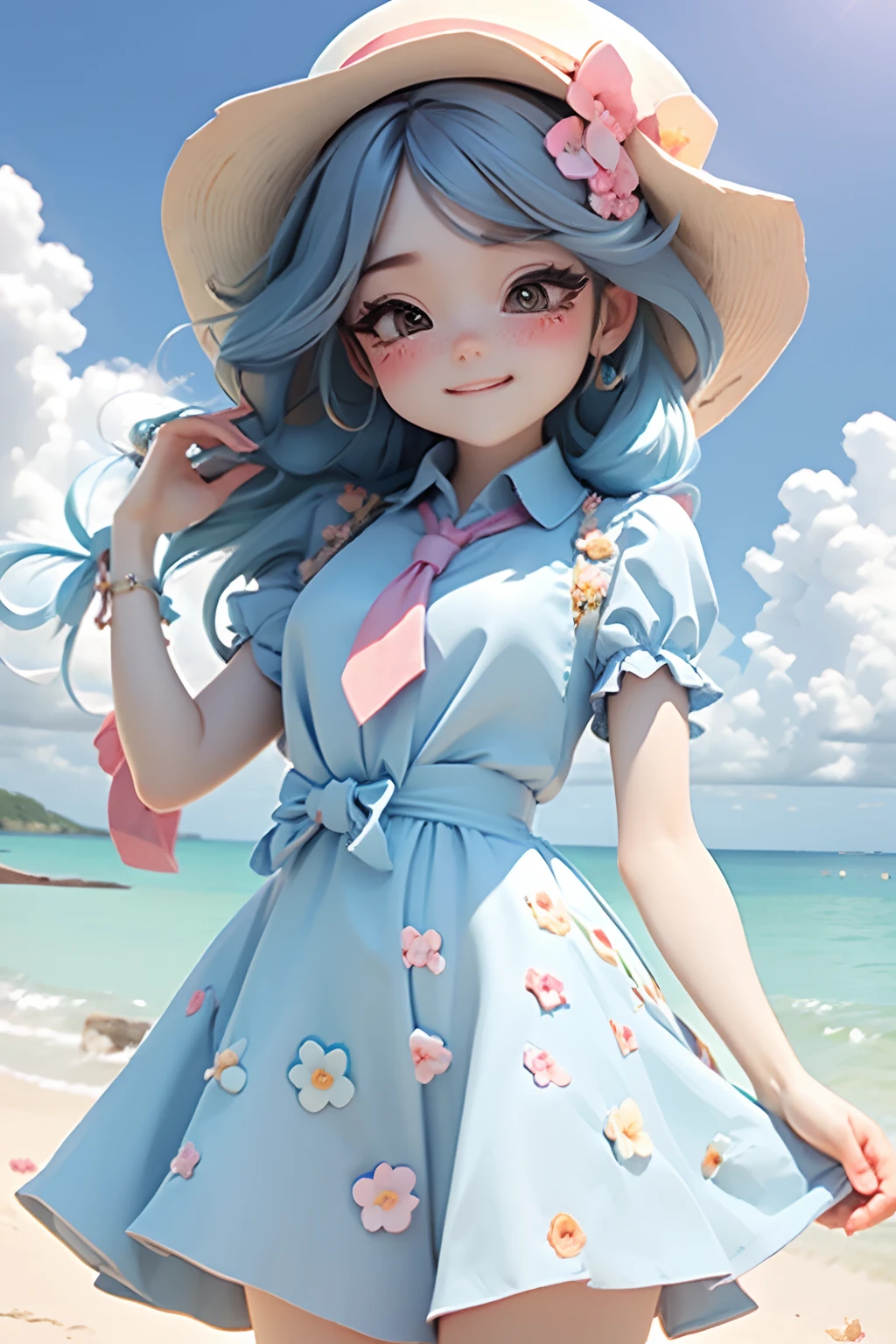lolli girl in princess long blue dress with flower style, dark cyan hair, cute smile , cap, cute ribbons, necktie, beach summer