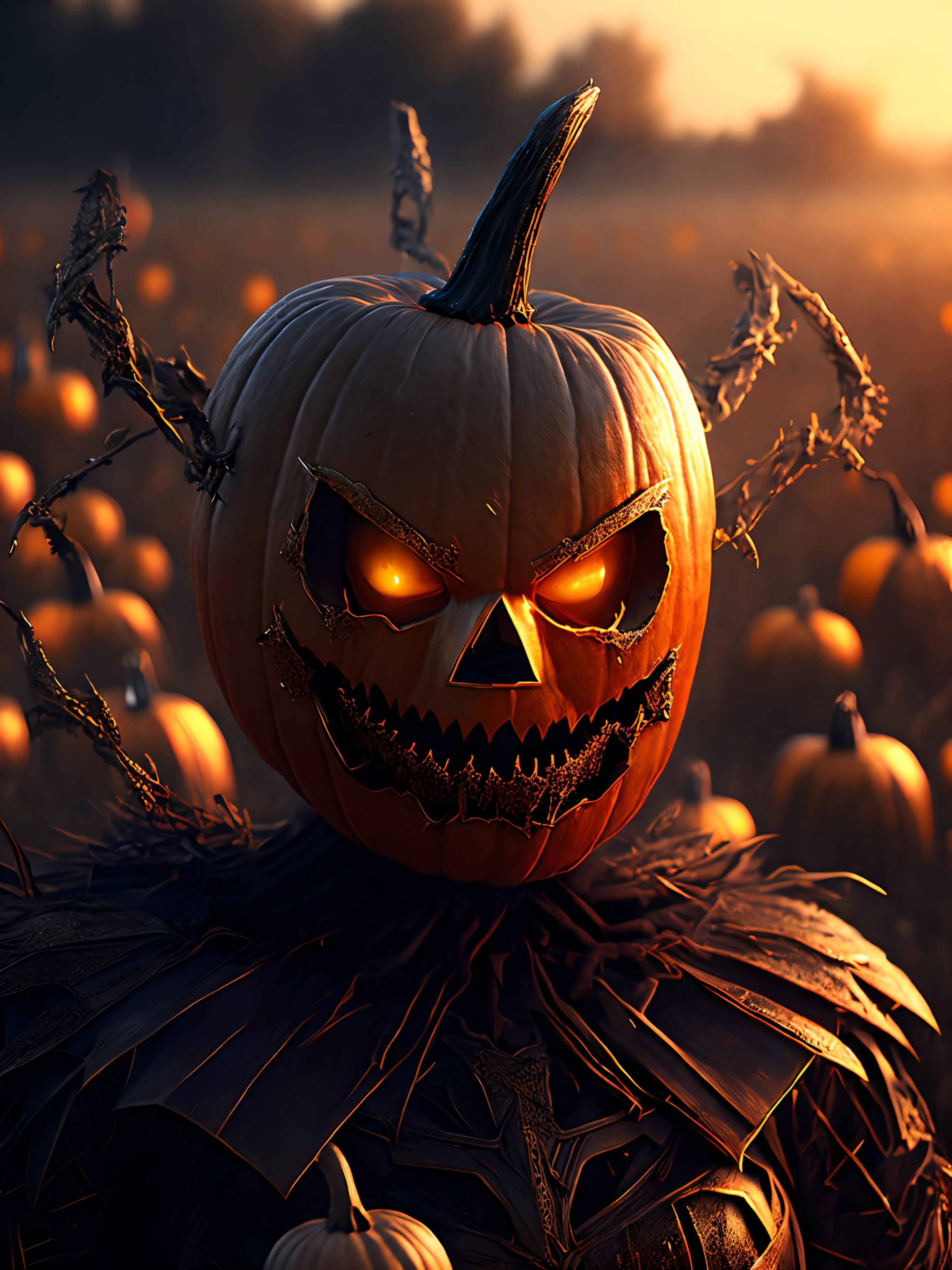 Close-up ( Scarecrow pumpkin head from Marvel in Goth style: 1.3) emerging from the dry Cornfield, extremely detailed, smoke, sparks, metal shavings, flying debris, volumetric light