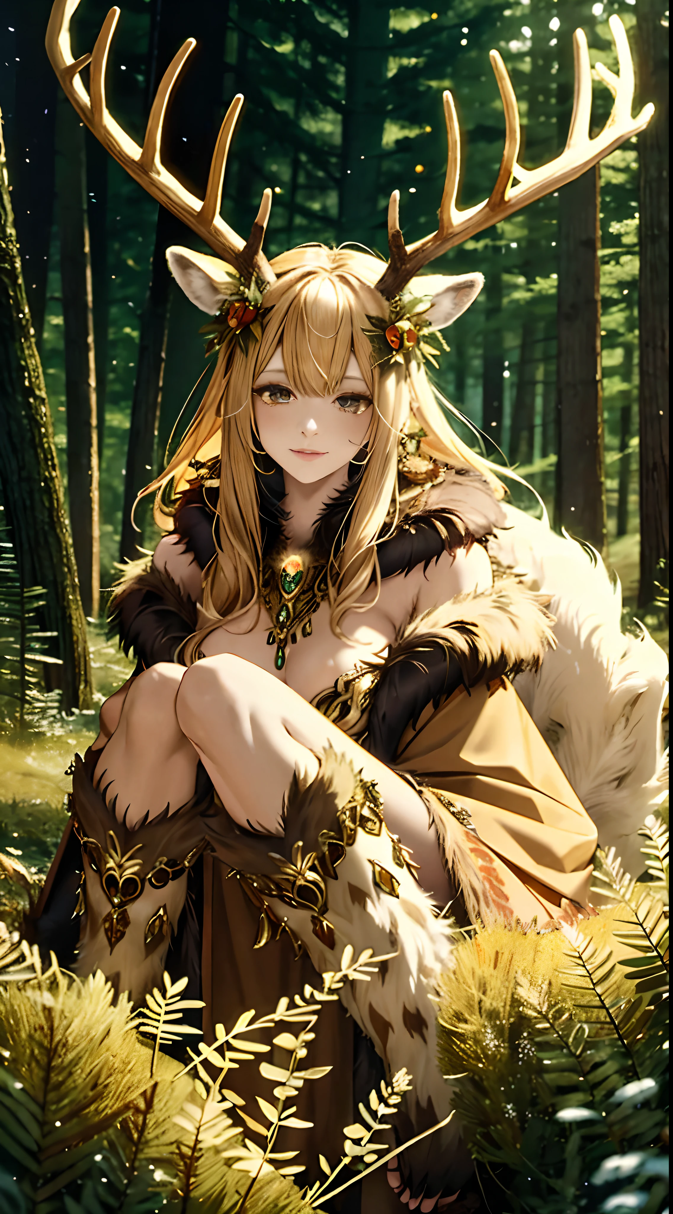 Deer Goddess, Deer Face, Large Antlers covered in glowing runes, Fur covered body, Deer Furry, Forest Shaman Garbs, Deer Hooves for Feet, Revealing Armor, Sexy Deer Furry, Yiffy, Kemono-Fur, Untouched Forest BackDrop