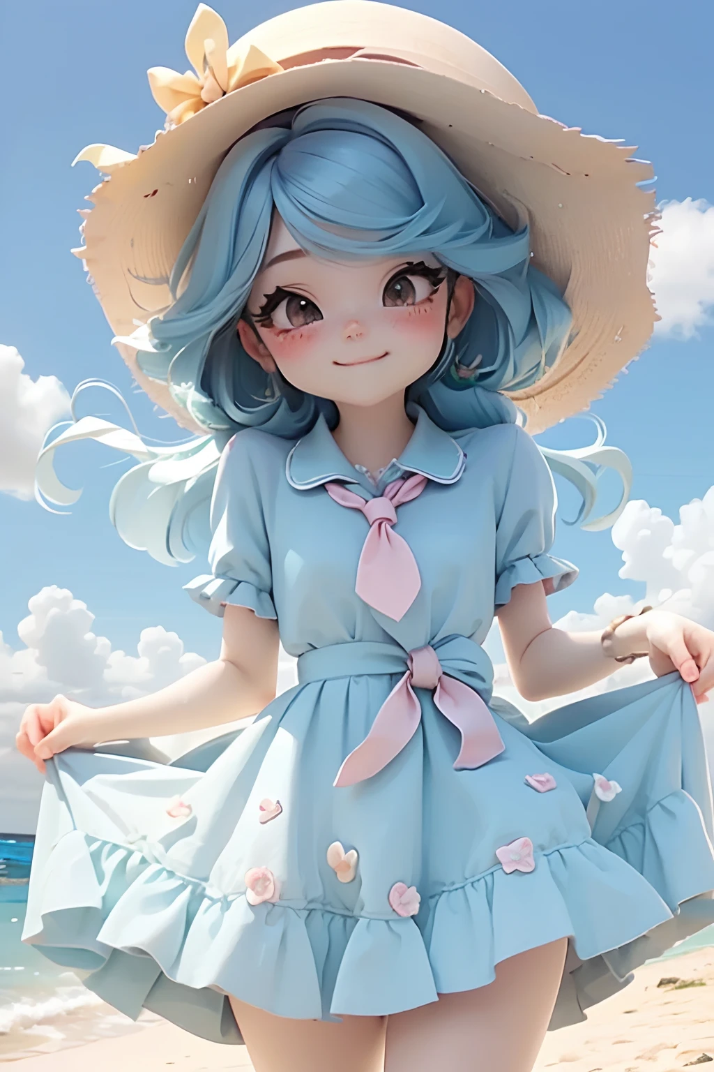 lolli girl in princess long blue dress with flower style, dark cyan hair, cute smile , cap, cute ribbons, necktie, beach summer