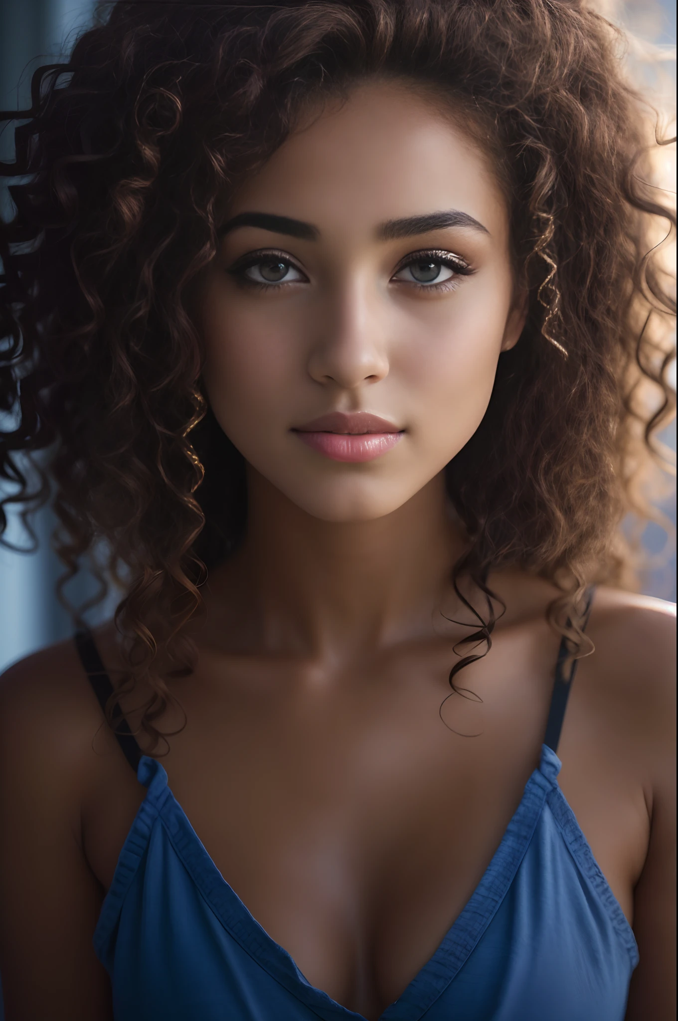 Masterpiece. Best quality, Young woman with brown skin with green eyes and curly hair posing for a photo, soft portrait shot 8 k, belle jeune fille, Belle image portrait, photo of a beautiful woman, visage et yeux parfaits, magnifique portrait de visage, belle jeune femme, Belle photo portrait, beautiful model girl, extremely beautiful face, Very beautiful young woman, beautiful girl model, Beautiful 8K UHD portrait lighting, DSLR, High quality, grain du film, Fujifilm XT3