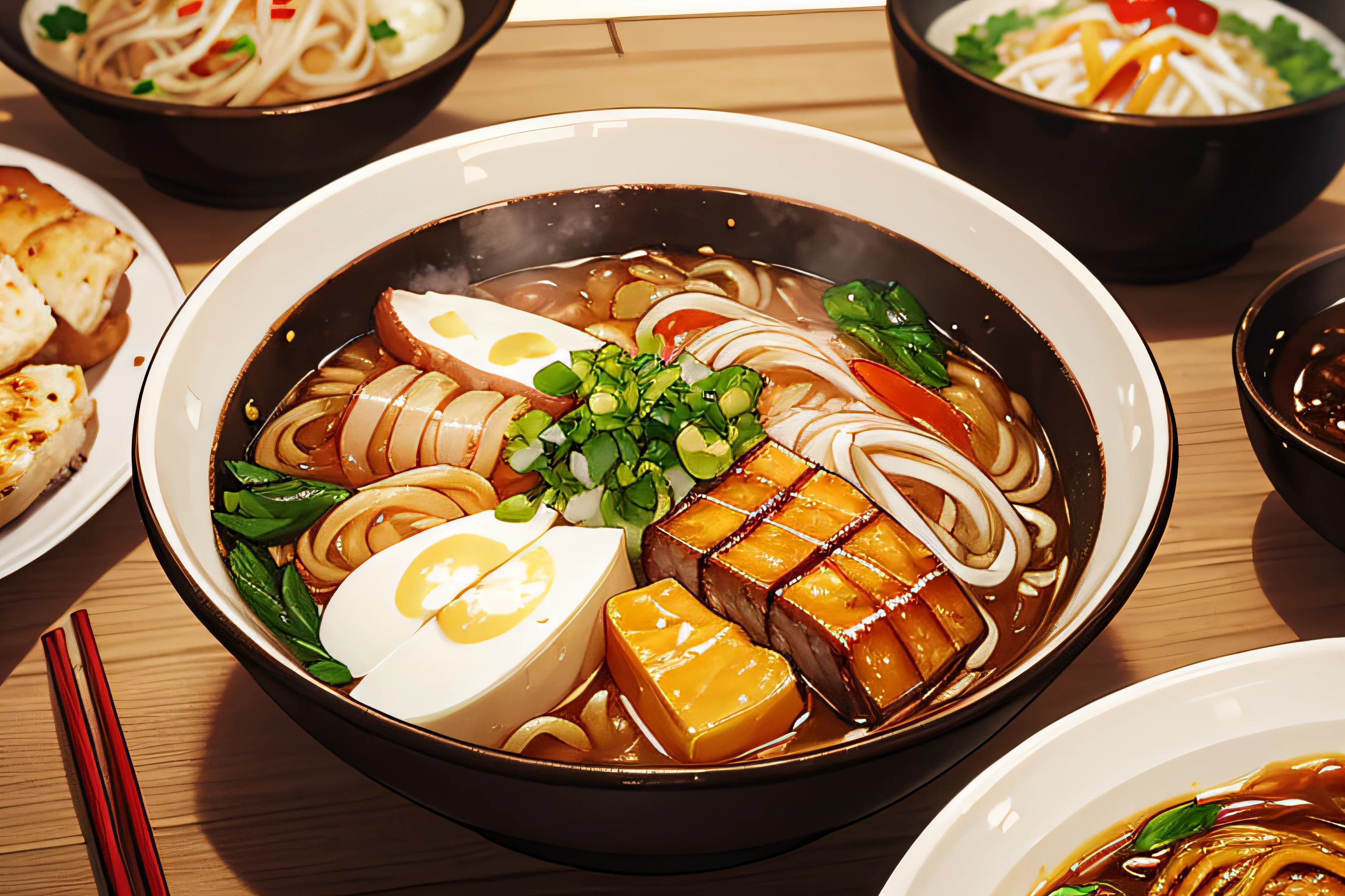 ((Masterpiece)), ((Best quality)), A sumptuous gourmet ramen with all its ingredients, served on a rustic wooden table.