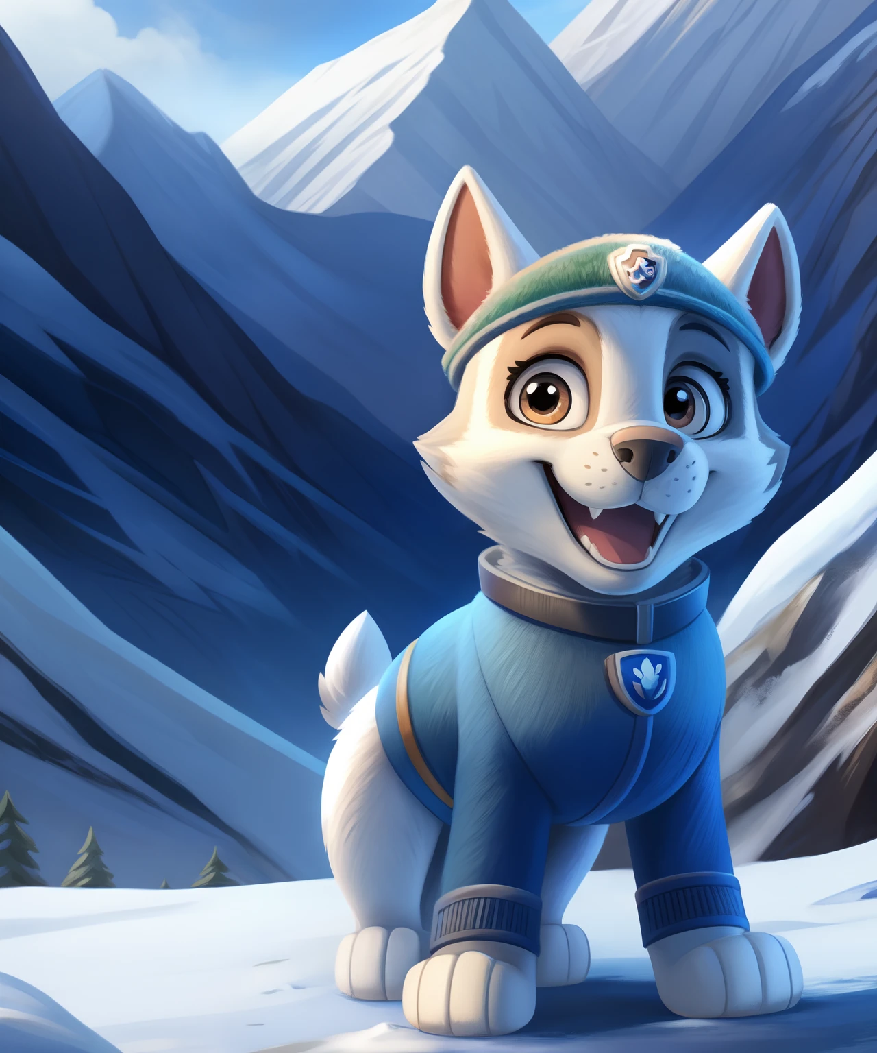 everest_(paw_patrol), everest furry, detailed and extremely fluffy body fur, masterpiece, detailed background, happy,