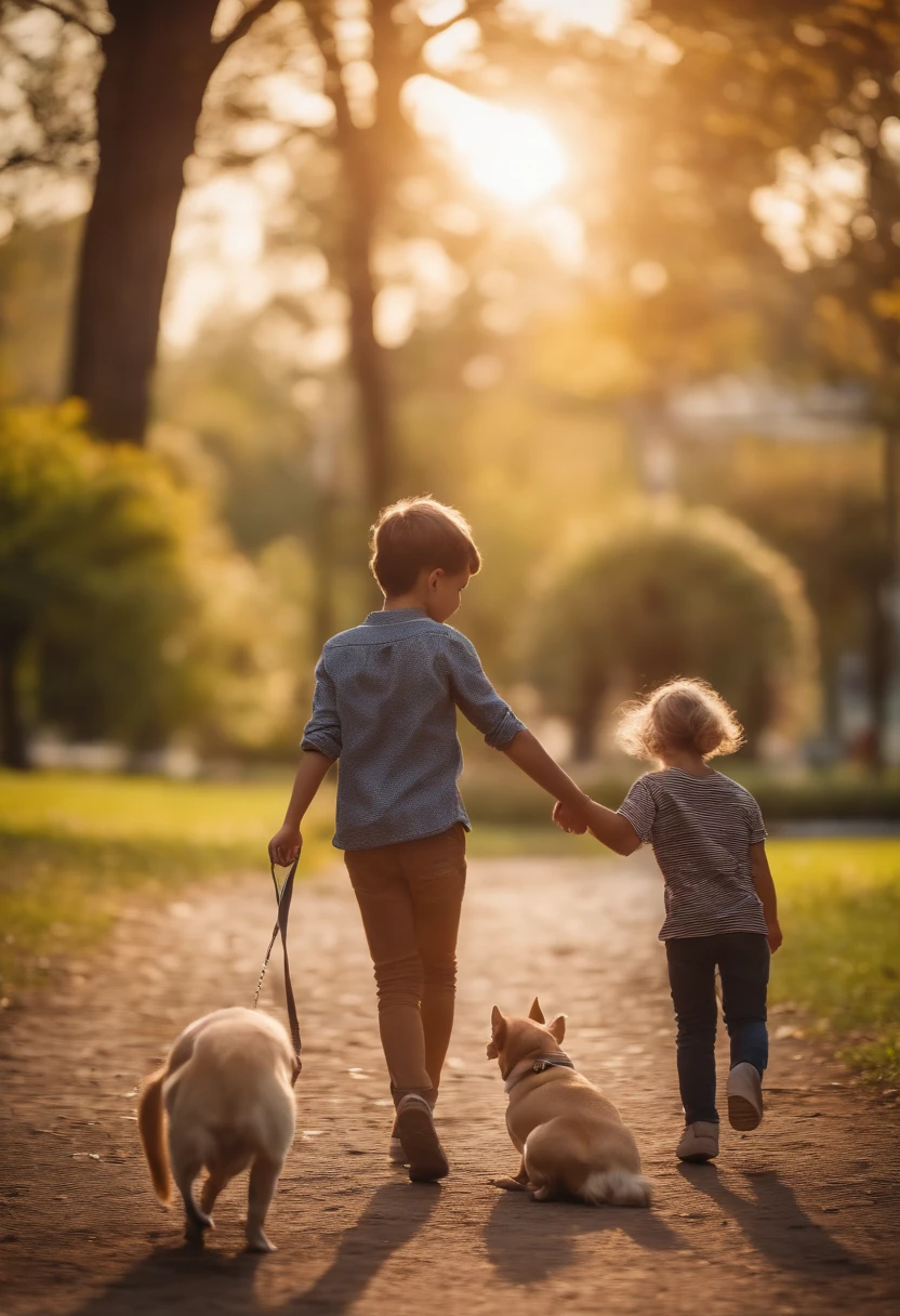 Make a boy and a girl playing in a park with a dog of the Chihuahua breed