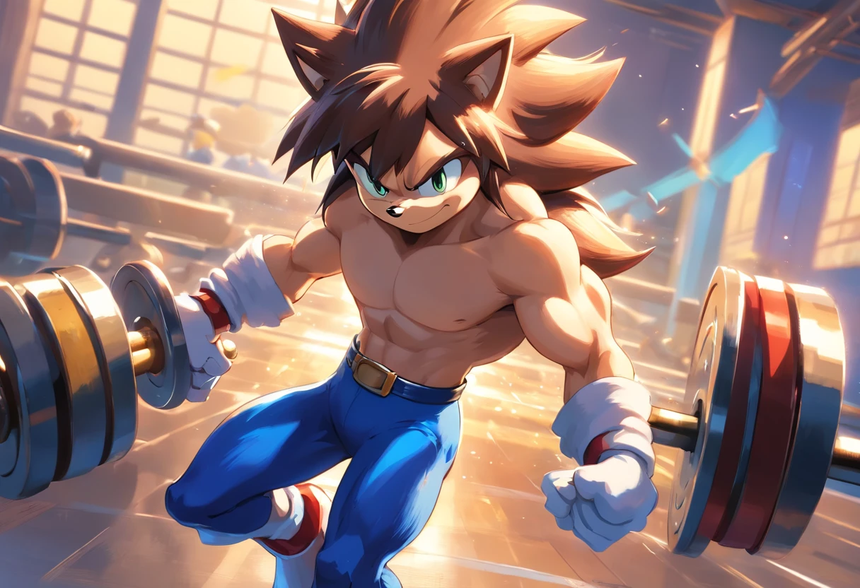 (a t-shirt illustration of a muscular Sonic the hedgehog, antrofomórfico, Sonic the hedgehog,macho, forte, Barbell, malhar intensamente em uma academia)