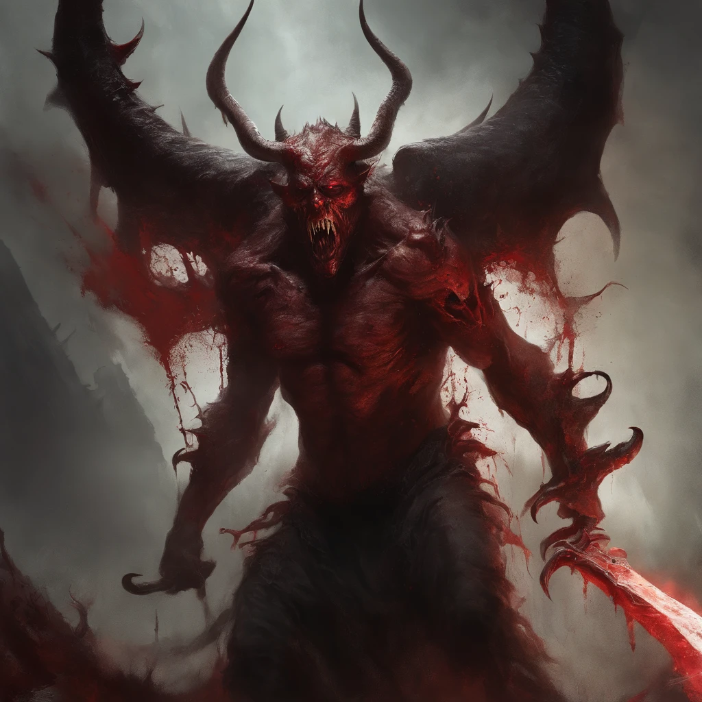 A painting of a horned devil man with a bloodied face and a bloodied head, close up , carnage, Sci - Horror Art of Fiction, Science fiction horror artwork, inspired by Aleksi Briclot, satan de carnage, Horror fantasy art, par Aleksi Briclot, Horror concept art, venin, Art fantastique et horreur, Detailed illustration of 4K horror, Demonic creature, Dark Fantasy Horror Art