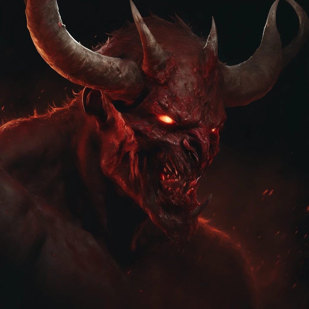 A painting of a horned devil man with a bloodied face and a bloodied head, close up , carnage, Sci - Horror Art of Fiction, Science fiction horror artwork, inspired by Aleksi Briclot, satan de carnage, Horror fantasy art, par Aleksi Briclot, Horror concept art, venin, Art fantastique et horreur, Detailed illustration of 4K horror, Demonic creature, Dark Fantasy Horror Art