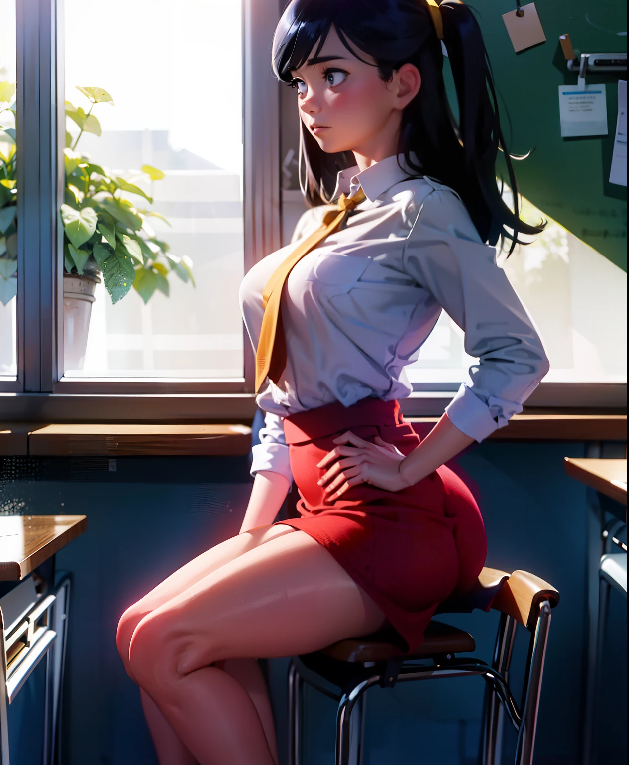 (best quality,highres),thick,shy girl sitting in a classroom, in school uniform, beautiful detailed eyes and face, long eyelashes, pensive expression, diligently doing school work. Crisp focus on the girl, capturing her intricate features and the fine details of her face. Soft lighting illuminates the classroom, creating a serene and tranquil atmosphere. The girl's thick figure is accentuated by the way she sits, exuding a gentle presence. The artwork exhibits a realistic style, with vivid colors and a warm color palette that adds depth to the scene. The girl's shy demeanor is complemented by her posture, slightly hunched over her books, immersed in her studies. The classroom is filled with academic paraphernalia, including textbooks, papers, and a chalkboard in the background, emphasizing the educational setting. Overall, the artwork portrays a peaceful moment of a self-conscious girl engrossed in her studies, inviting viewers to appreciate the beauty of academia and the individuality of each student, super thick, revealing clothes, hentai pic, giant ass, young 20 of age,