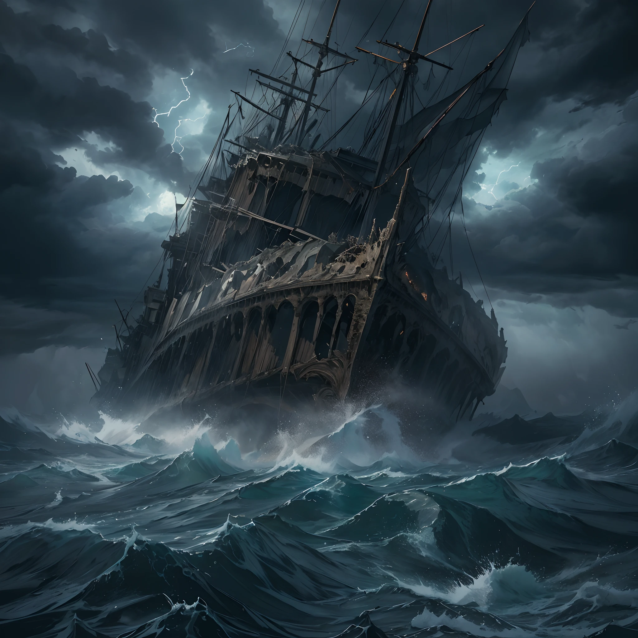 (Colossal Leviathan of the Deep, post-apocalyptic world, Deep and dark ocean, buques, Hombres que luchan, destruction everywhere),(La mejor calidad, 4k, Altas Resoluciones, ultra detallado, realista:1.37), Dramatic lighting, sombras ominosas, haunting atmosphere, mares tormentosos, Decaying ruins, monstruosas criaturas marinas, Epic battle scenes, Los supervivientes se aferran a los escombros, Lucha desesperada por la supervivencia, poderosas olas rompiendo contra los barcos, Debris floating on the surface of the ocean, Apocalyptic sky, Debris swirling in the water, Chaos and despair, Hauntingly beautiful aesthetics, film-like composition, intense and chaotic energy, colores vibrantes que contrastan con el ambiente oscuro, Stormy clouds and lightning illuminating the scene, Mystical aura surrounding Leviathan, olas masivas rompiendo contra los buques de guerra, Immensity and immensity of the ocean, Silencio espeluznante interrumpido solo por los sonidos de la batalla, Emociones de miedo, determination, y el coraje representado en los rostros de los combatientes, Epic scale and grandeur of the scene, dynamic, Action-packed storytelling, Sense of hopelessness and inevitable doom, A world on the brink of destruction.