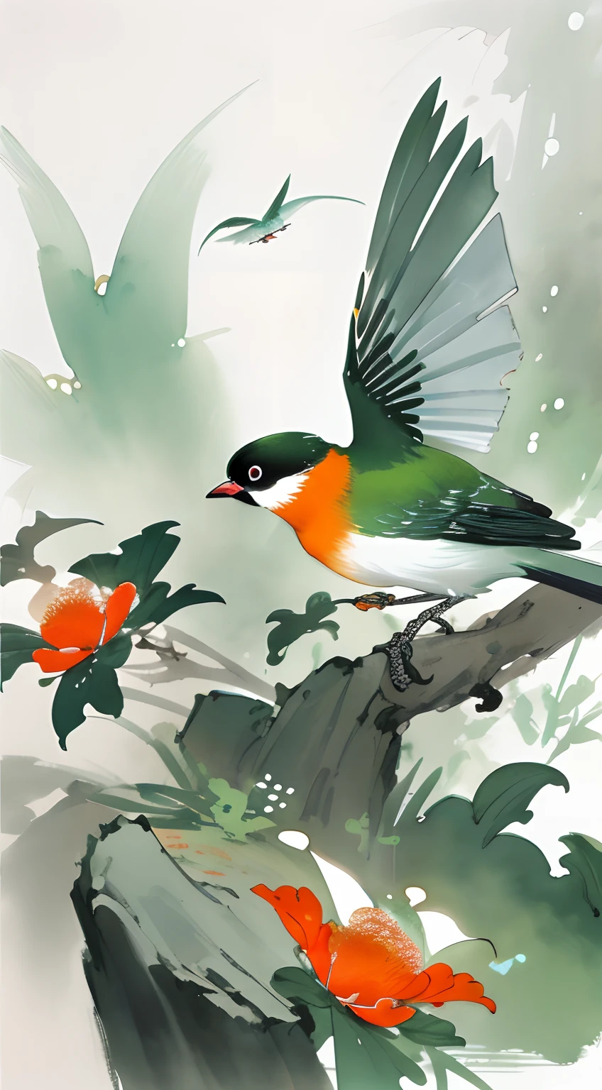 birds and flowers，[(White background:1.5)::5]，China-style，florals，flowers in full bloom，Flowers，green leaf，Colorful feathered birds，steins，rays of sunshine，an Chinese ink painting style，aquarelle，（light and shadow effect），（Movie lighting），（rendering by octane），（depth of fields），（Obvious layers），Beautiful and detailed pictures，（Masterpiece），（8k wallpaper），（Master painting）