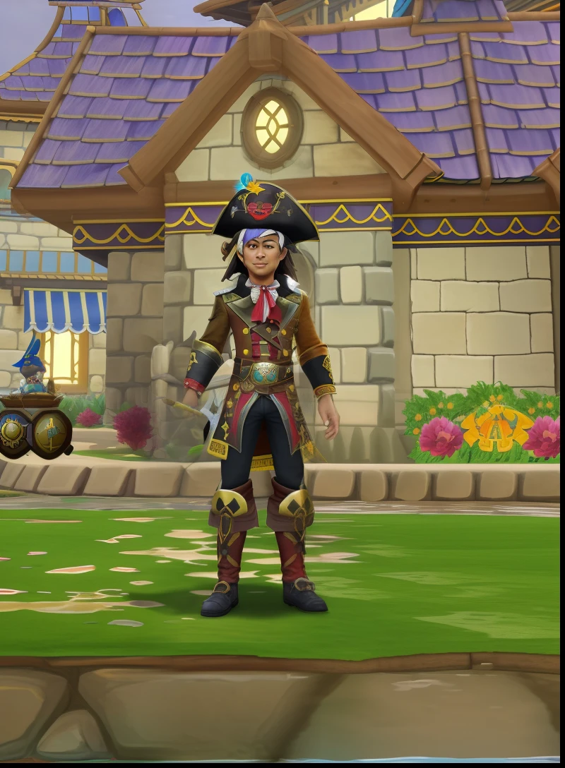 arafed image of a man in a pirate costume standing in front of a castle, swashbuckler class pirate, pirate captain, bald male swashbuckler, pirate setting, pirate clothes, pirate clothing, mage robe based on a toucan, blacksmith's outfit, clothes themed on a peacock mage, ornate attire, adventurer outfit large cloak