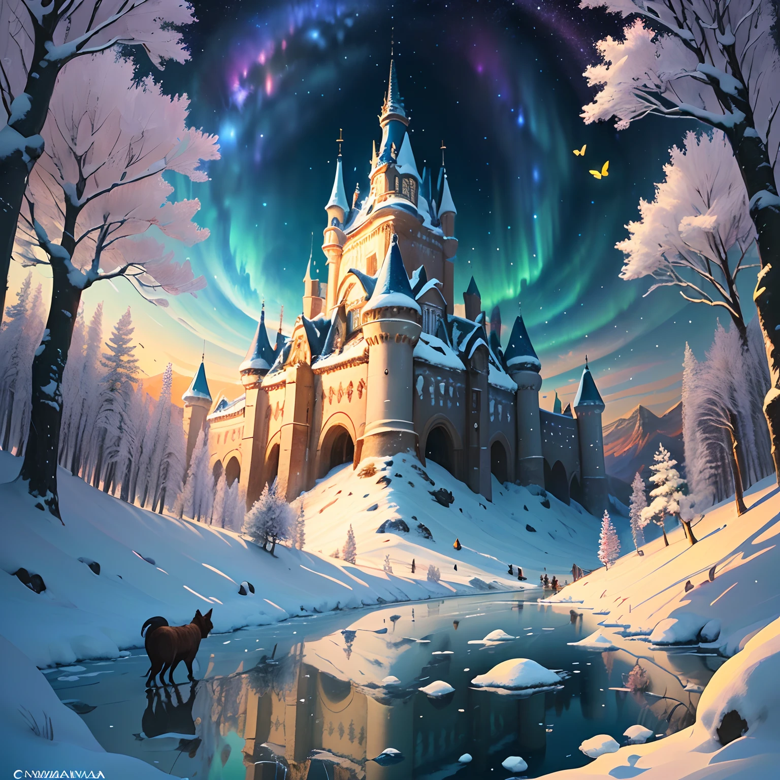 Capa do Livro: The cover of the book could show Princess Nivea in her white and blue dress, com os cabelos loiros brilhando sob a luz do sol. She could be standing in front of a snowy backdrop, com uma fada colorida voando ao seu lado e o Vale das Cores ao fundo.
2. A Floresta Encantada: An illustration of Princess Nivea and Aurora walking through the enchanted forest, with tall trees covered in snow and little magical animals peeking through the bushes. The atmosphere should be mysterious and magical.
3. Cruzando o Rio Congelado: A scene of Princess Nivea and Aurora crossing a frozen river, with trees and mountains in the background. They can be shown holding hands, with expressions of determination on their faces.
4. O Vale das Cores: A spectacular illustration of the Valley of Colors, with flowers of every color imaginable, Multicolored butterflies flying and a large lake reflecting a rainbow in the sky. Princess Nivea must be in awe in the center of the image.
5. O Retorno Triunfante: A scene of Nivea and Aurora returning to the Land of Snows with the jars of magical colors. They may be flying on a colorful magic carpet or simply walking back to their kingdom, where the colors begin to bloom around them.
6. Celebration in the Kingdom: The last illustration may show Princess Nivea in a parade through the kingdom, with the inhabitants of the Land of Snows admiring the newfound colors. childrens, Animals and even the castle guards can join in the celebration.
These colorful illustrations would help bring the story to life and captivate children, making Princess Nivea's journey even more exciting and memorable.