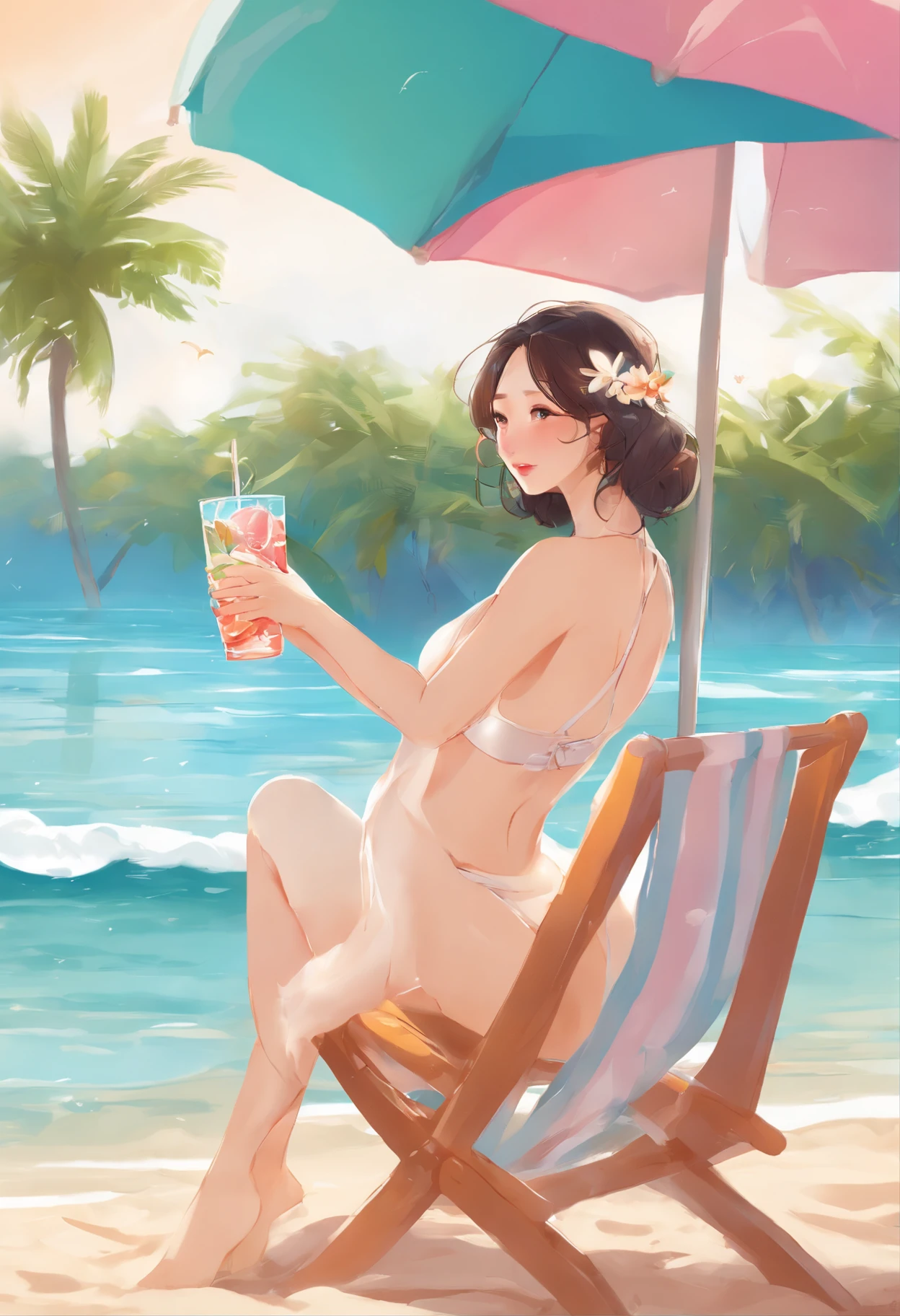 (bashful kaguya in a bikini,anime,illustration,vibrant colors,soft lighting,realistic,beach scenery)
(best quality,ultra-detailed,highres:1.2),kaguya's beautiful shy face,sparkling eyes,blushing cheeks,adorable smile,curly hair cascading down her back,silver hairpin catching the sunlight,fine details of her delicate features,natural-looking skin texture,smooth and flawless complexion,sun-kissed glow on her cheeks,glossy lips subtly parted with a hint of shyness
(kaguya:1.1) wearing a cute and modest bikini, (bashfully) trying to hide her curves with crossed arms, (half-submerged) in the crystal-clear turquoise waters of a tropical beach, (golden sand) softly sinking beneath her bare feet, (gentle waves) brushing against her ankles
(beach chair) covered with a vibrant beach towel, (floral patterns) adding a pop of color to the scene, (umbrella) casting a cool shadow over her, offering a respite from the scorching sun, (coconut drink) with an umbrella poking out, (sea shells) scattered around her, treasures she collected during her leisurely stroll along the shore
(white seagulls) soaring above, their graceful figures dotting the bright blue sky, (palm trees) swaying in the warm breeze, their emerald leaves rustling, providing a natural canopy and casting dappled shade on the sand, (beach balls) playfully bouncing around, adding a touch of fun and liveliness to the atmosphere
(background) a panoramic view of the endless ocean, (azure waters) merging with the clear sky at the horizon, (sailboats) sailing gracefully, their sails billowing in the wind, (spectacular sunset) painting the sky with hues of pink, orange, and purple, (seagulls) silhouetted against the fiery palette, creating a serene and captivating backdrop