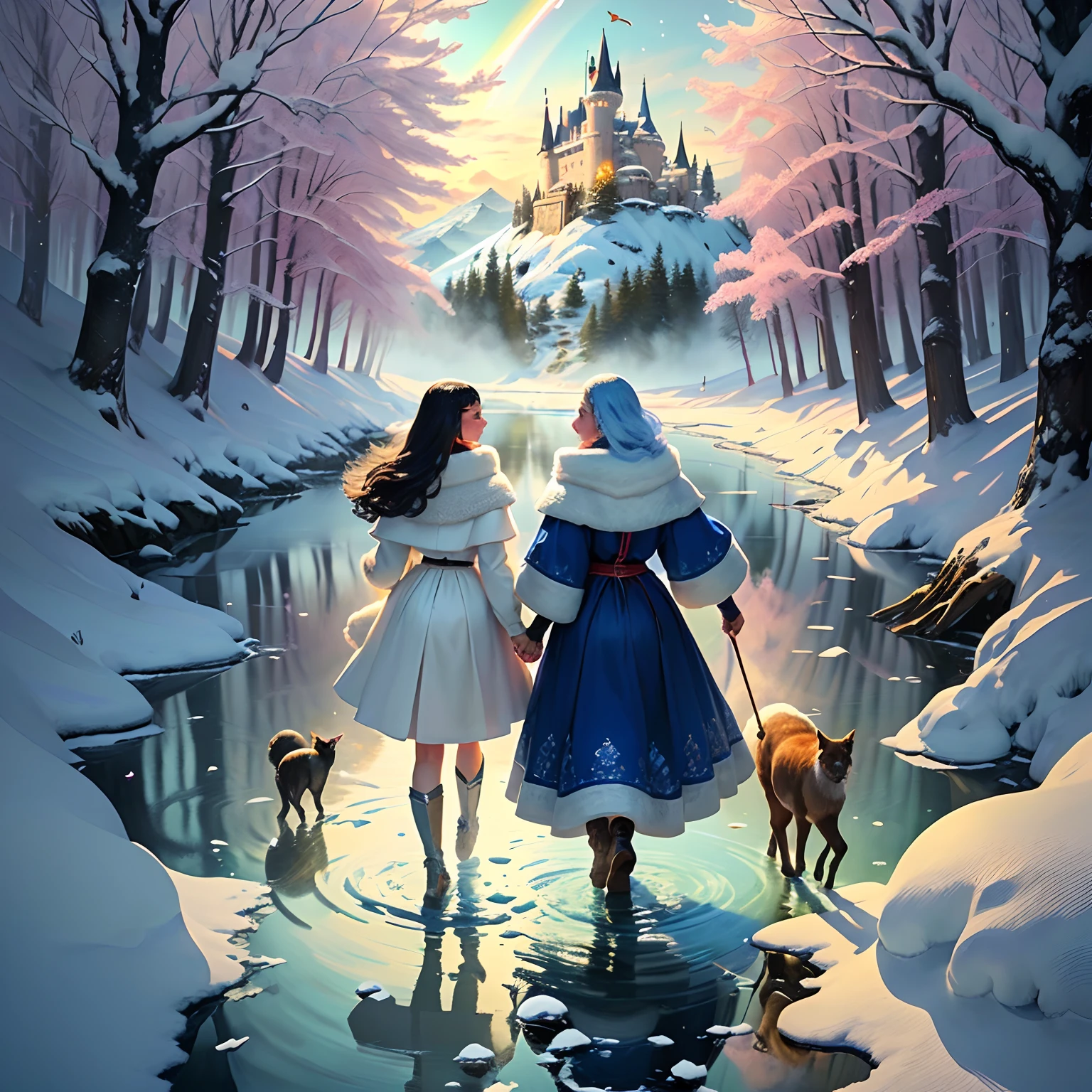 Capa do Livro: The cover of the book could show Princess Nivea in her white and blue dress, com os cabelos loiros brilhando sob a luz do sol. She could be standing in front of a snowy backdrop, com uma fada colorida voando ao seu lado e o Vale das Cores ao fundo.

2. A Floresta Encantada: An illustration of Princess Nivea and Aurora walking through the enchanted forest, with tall trees covered in snow and little magical animals peeking through the bushes. The atmosphere should be mysterious and magical.

3. Cruzando o Rio Congelado: A scene of Princess Nivea and Aurora crossing a frozen river, with trees and mountains in the background. They can be shown holding hands, with expressions of determination on their faces.

4. O Vale das Cores: A spectacular illustration of the Valley of Colors, with flowers of every color imaginable, Multicolored butterflies flying and a large lake reflecting a rainbow in the sky. Princess Nivea must be in awe in the center of the image.

5. O Retorno Triunfante: A scene of Nivea and Aurora returning to the Land of Snows with the jars of magical colors. They may be flying on a colorful magic carpet or simply walking back to their kingdom, where the colors begin to bloom around them.

6. Celebration in the Kingdom: The last illustration may show Princess Nivea in a parade through the kingdom, with the inhabitants of the Land of Snows admiring the newfound colors. childrens, Animals and even the castle guards can join in the celebration.

These colorful illustrations would help bring the story to life and captivate children, making Princess Nivea's journey even more exciting and memorable.