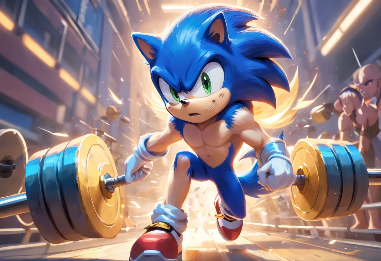 (a t-shirt illustration of a muscular Sonic the hedgehog, antrofomórfico, Sonic the hedgehog,macho, forte, Barbell, malhar intensamente em uma academia)