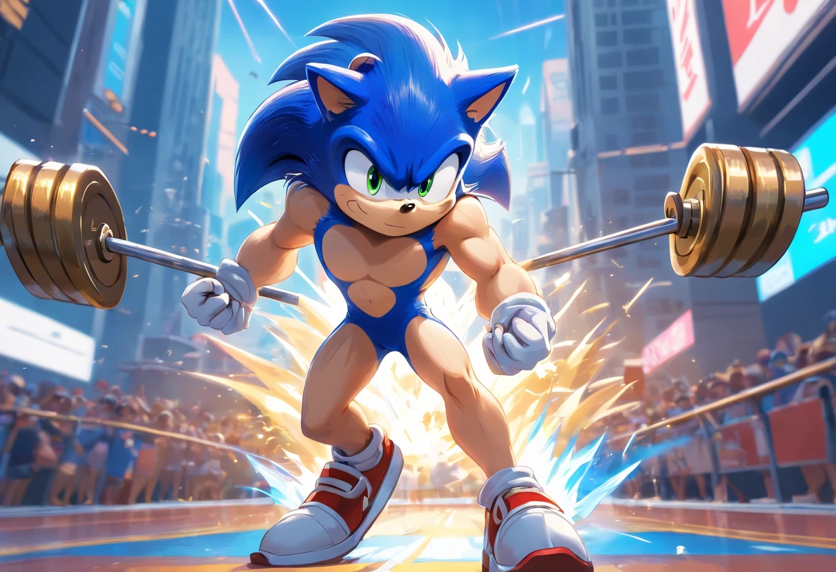 (a t-shirt illustration of a muscular Sonic the hedgehog, antrofomórfico, Sonic the hedgehog,macho, forte, Barbell, malhar intensamente em uma academia)