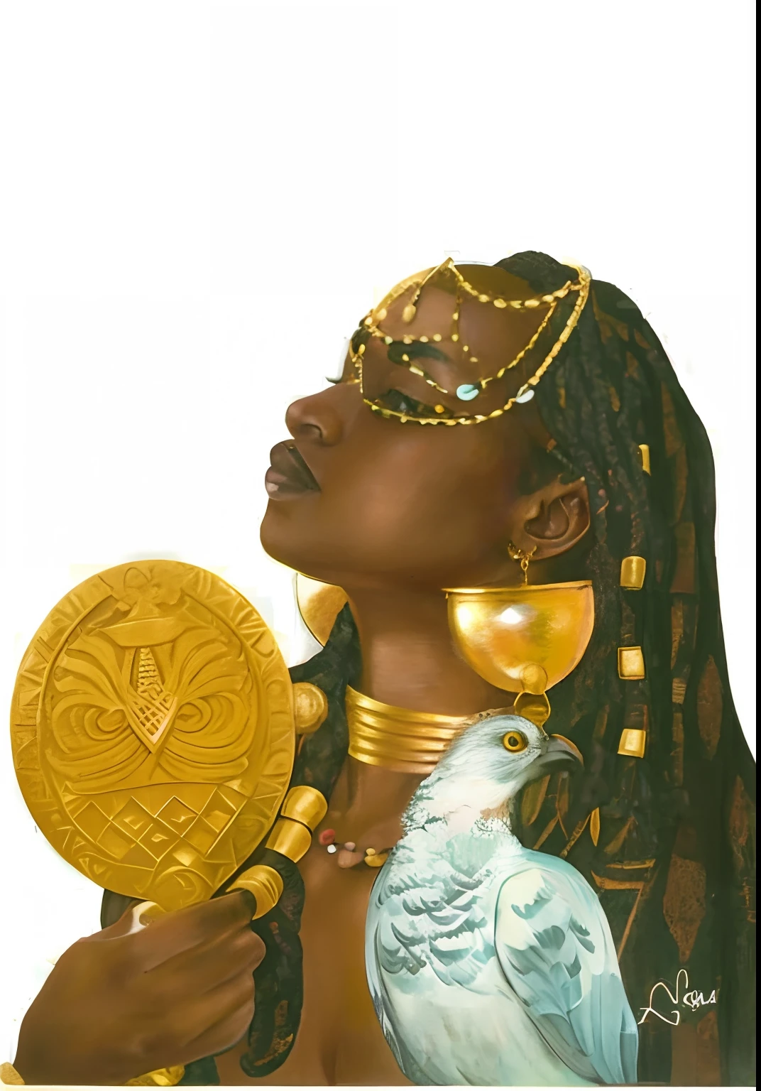 Painting of a woman with a bird and a gold coin, pele escura deusa feminina do amor, afrocentric mysticism, inspirado em Thomas Blackshear, kemetic, Directed by: Thomas Blackshear, Mami Wata, Artes Africanas, Mitologia africana, Retrato de Ororo Munroe, Rainha africana, Princesa negra africana, magia negra, afrofuturismo, portrait of a scorpion goddess