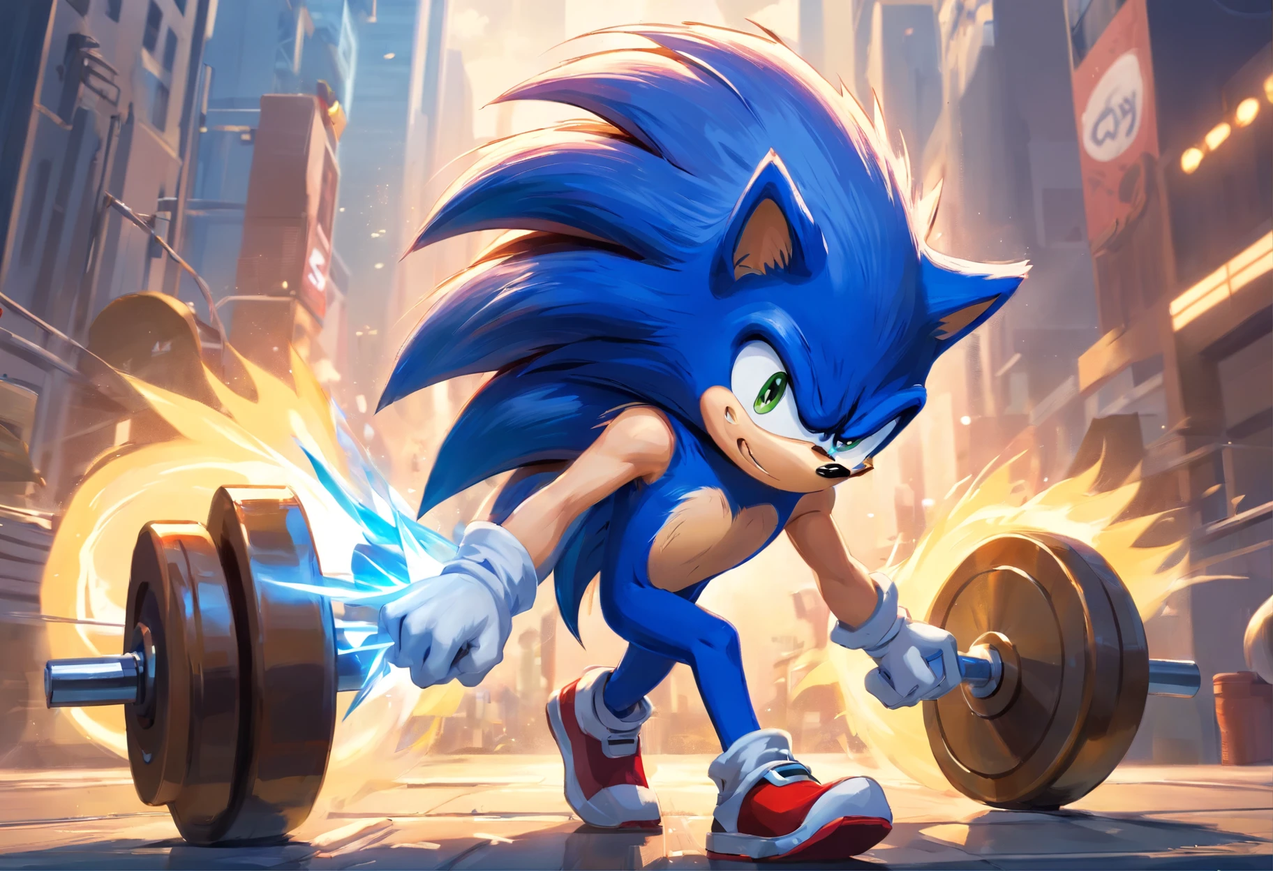 (a t-shirt illustration of a muscular Sonic the hedgehog, antrofomórfico, Sonic the hedgehog,macho, forte, Barbell, malhar intensamente em uma academia)