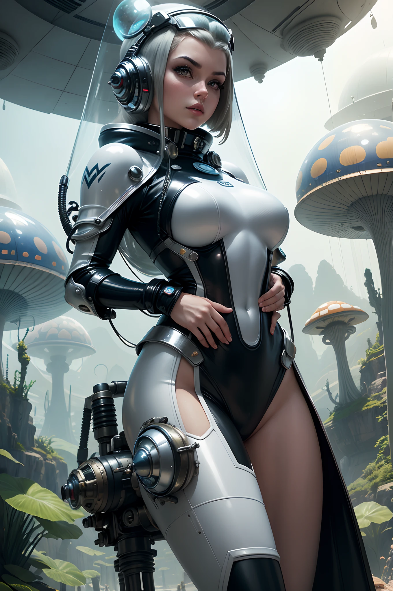 In a retro-futuristic setting reminiscent of 1950s sci-fi, an alien ant girl warrior dons a sleek, silver spacesuit with bubble helmet. She confidently explores an otherworldly landscape, surrounded by vibrant, oversized mushrooms and exotic flora. This retro-futuristic scene combines nostalgia with the allure of the unknown.