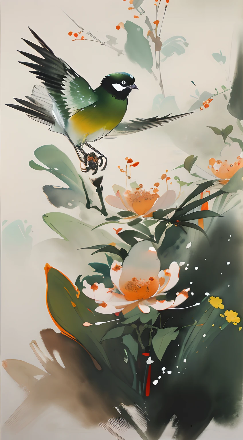 birds and flowers，[(White background:1.5)::5]，China-style，florals，flowers in full bloom，Flowers，green leaf，Colorful feathered birds，steins，rays of sunshine，an Chinese ink painting style，aquarelle，（light and shadow effect），（Movie lighting），（rendering by octane），（depth of fields），（Obvious layers），Beautiful and detailed pictures，（Masterpiece），（8k wallpaper），（Master painting）