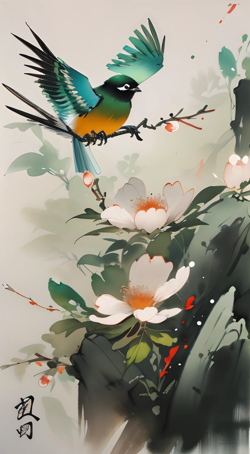 birds and flowers，[(White background:1.5)::5]，China-style，florals，flowers in full bloom，Flowers，green leaf，Colorful feathered birds，steins，rays of sunshine，an Chinese ink painting style，aquarelle，（light and shadow effect），（Movie lighting），（rendering by octane），（depth of fields），（Obvious layers），Beautiful and detailed pictures，（Masterpiece），（8k wallpaper），（Master painting）