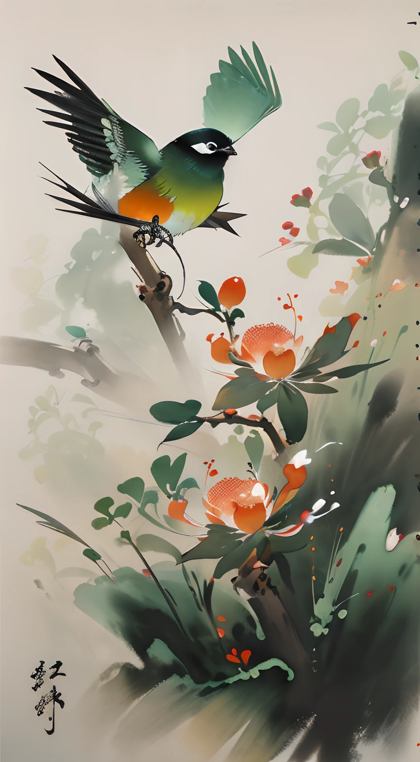 birds and flowers，[(White background:1.5)::5]，China-style，florals，flowers in full bloom，Flowers，green leaf，Colorful feathered birds，steins，rays of sunshine，an Chinese ink painting style，aquarelle，（light and shadow effect），（Movie lighting），（rendering by octane），（depth of fields），（Obvious layers），Beautiful and detailed pictures，（Masterpiece），（8k wallpaper），（Master painting）