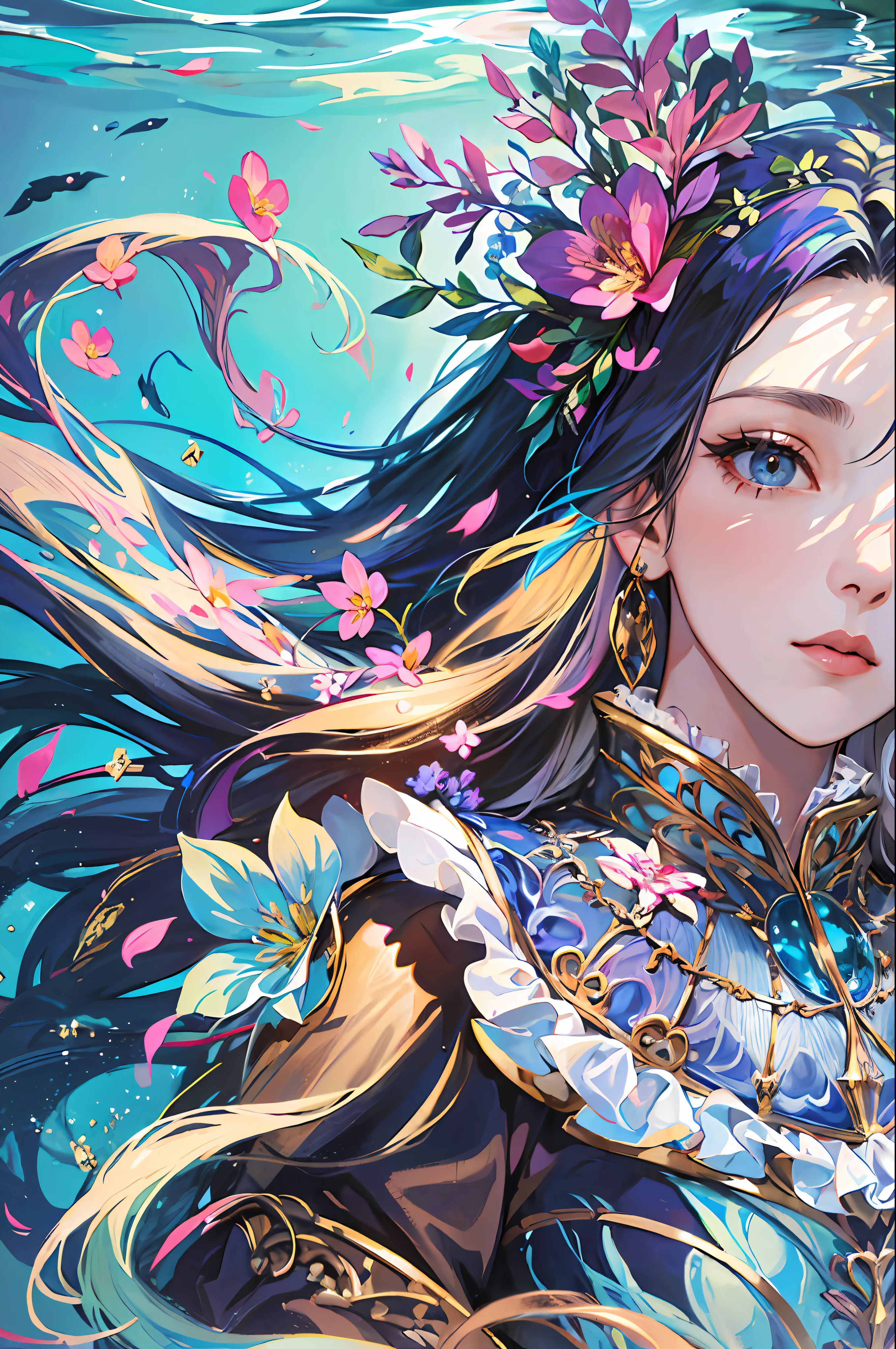 (absurdres, highres, ultra detailed), 1girl, solo, mature, (long hair), Baroque, dress, long sleeve, elegant, holy, colorful, highest detailed, portrait, close up, underwater, floating hair, flower --auto --s2