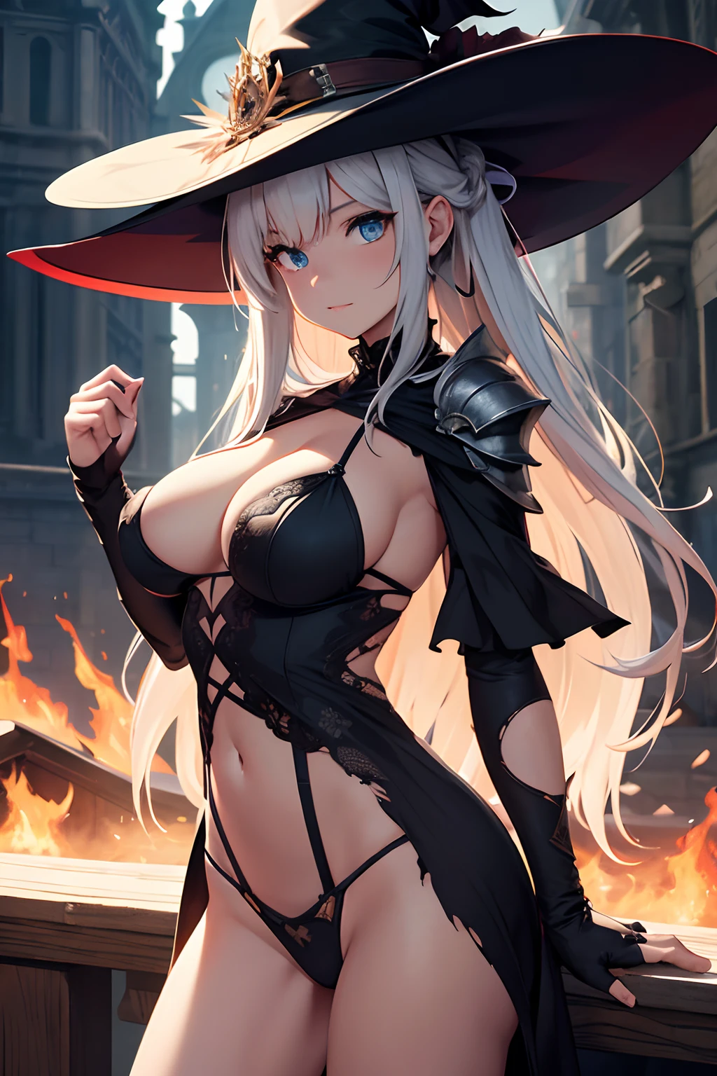 highres, shadows, absurdres, best_quality, ultra_detailed, 8k, extremely_clear, photograph, beautiful, beautiful face, sharp focus, hdr, 1girl, wide-eyed, barely clothed, torn clothes, beautiful high class dress, background magic academya, thong, very lare breast barely covered, witch hat, fire, magic missile, paper armor