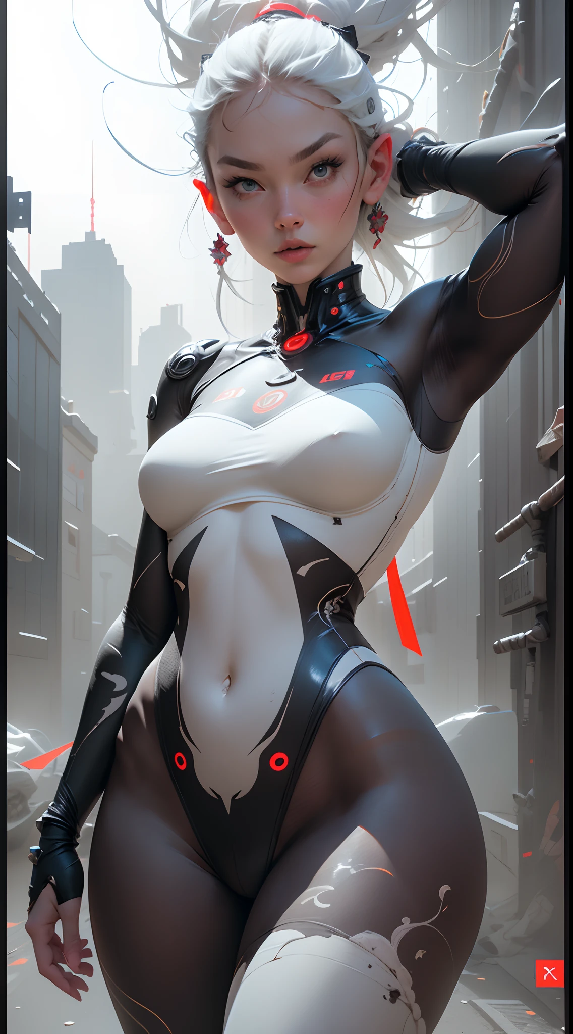 (((Young White Woman))), ((Best Quality)), ((Masterpiece)), (Detail: 1.4), 3D, A Beautiful Cyberpunk Woman with Simon Bisley-style micro thong, Genesis evangelion neon style clothing, 2-piece clothing, Long silver hair, arm tatoo, cybernetic hands, pastel, Centered, scale to fit the dimensions, nffsw (High dynamic range),Ray tracing,NVIDIA RTX,Hyper-Resolution,Unreal 5,Subsurface Dispersion, PBR Texture, Post-processing, Anisotropy Filtering, depth of fields, Maximum clarity and sharpness, Multilayer textures, Albedo and specular maps, Surface Shading, accurate simulation of light and material interactions, Perfect proportions, Octane Render, Two-tone lighting, Wide aperture, Low ISO, White Balance, thirds rule, 8K Raw, Crysisnanosuit,loraeyes,nijistyle,pantyhose,Blue eyes