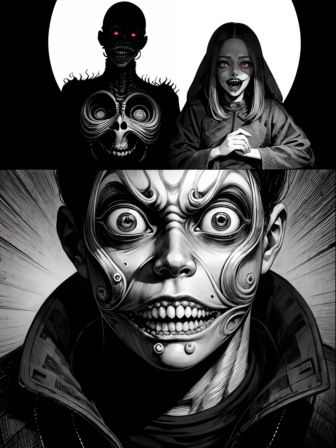 (Junji Ito:1.5), detailed black and white manga line art illustration of grotesque creepy girl, (cowboy shot), fractal art, scared, horrified, terrified, insane, creepy, unsettling, disturbing, body horror, (horror manga style), twisted, warped, psychological horror, grotesque, morbid, surreal