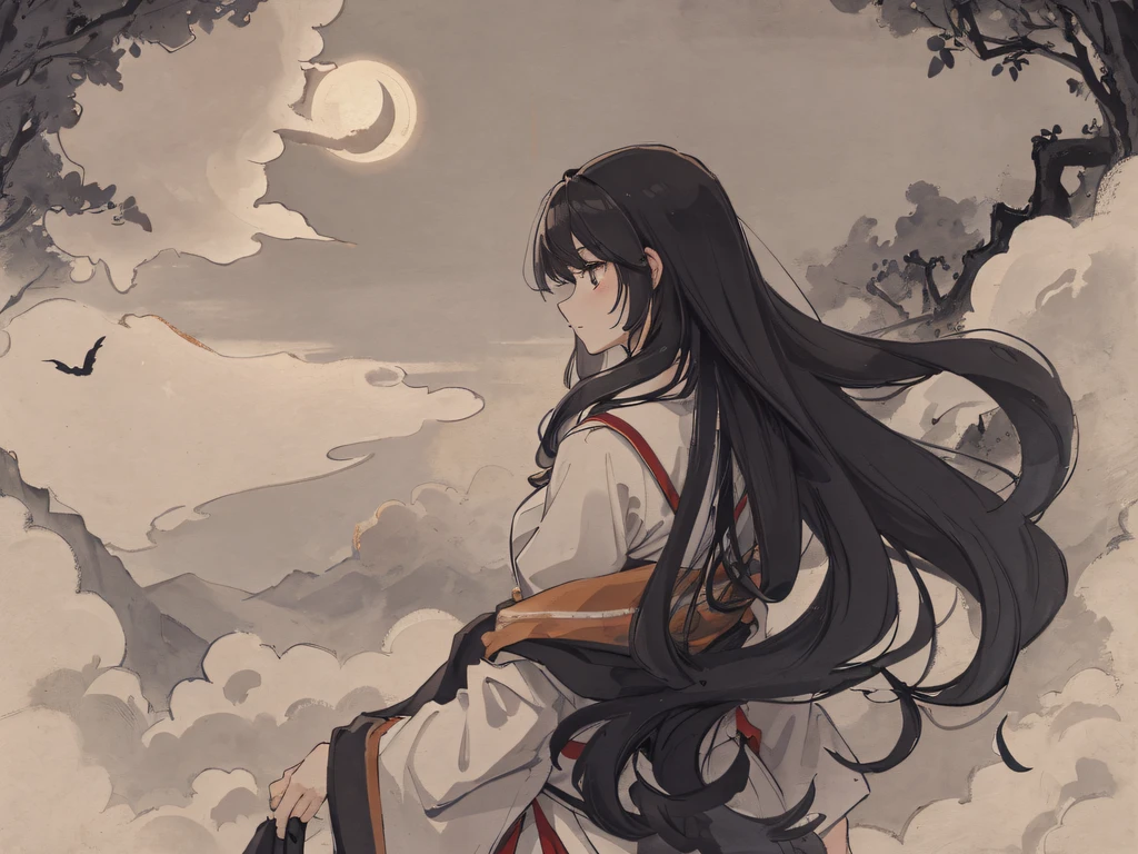 Masterpiece, best quality, night, hills, clouds, full moon, long hair, woman, silhouette, firefly.