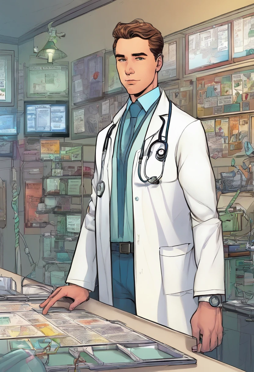 Liam in a white coat, surrounded by medical equipment in a hospital, showcasing his achievements as a renowned doctor.