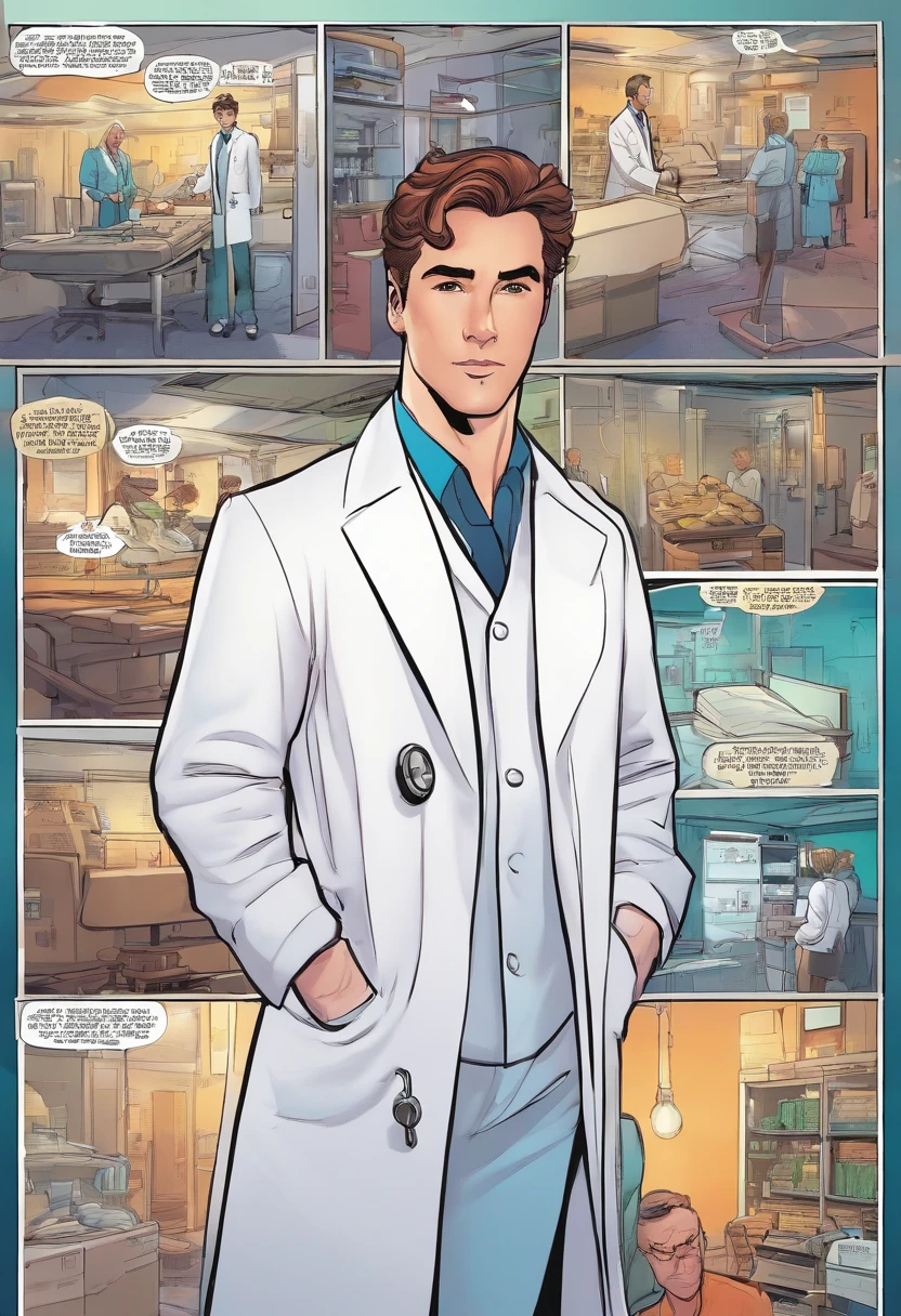 Liam in a white coat, surrounded by medical equipment in a hospital, showcasing his achievements as a renowned doctor.