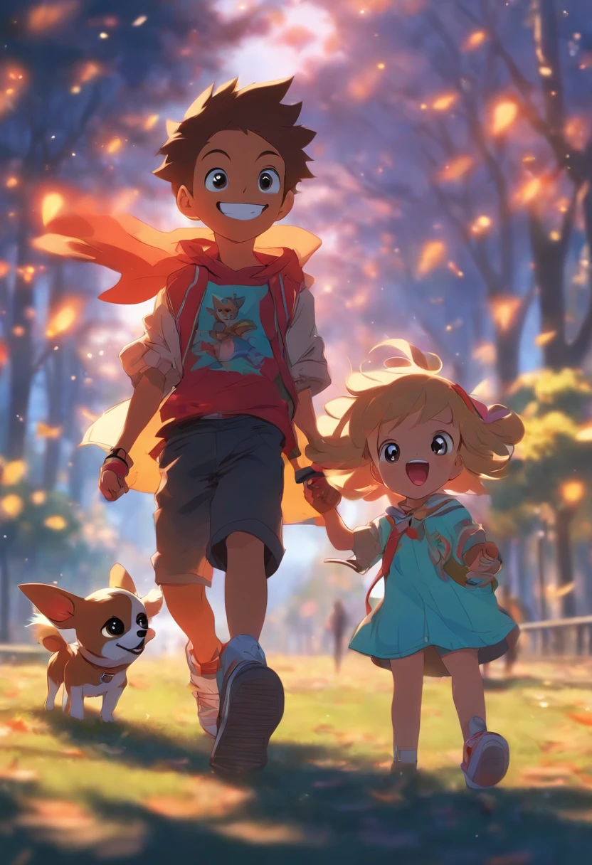 Aça a boy and a child girl playing in a park with a Chihuahua dog