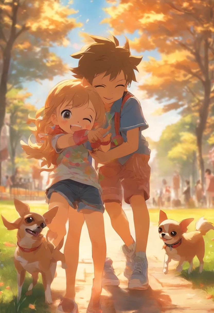 Aça a boy and a child girl playing in a park with a Chihuahua dog