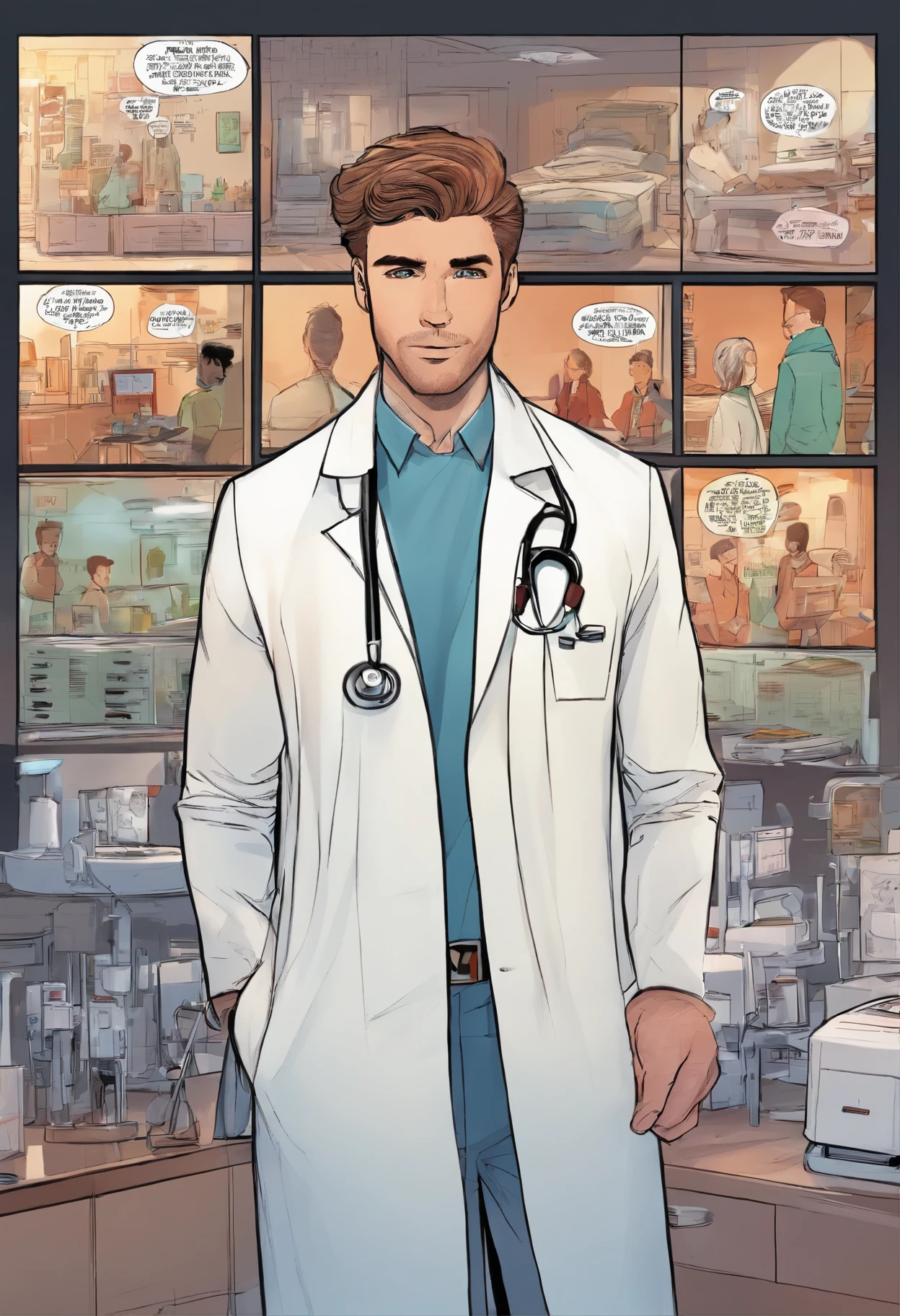 Liam in a white coat, surrounded by medical equipment in a hospital, showcasing his achievements as a renowned doctor.